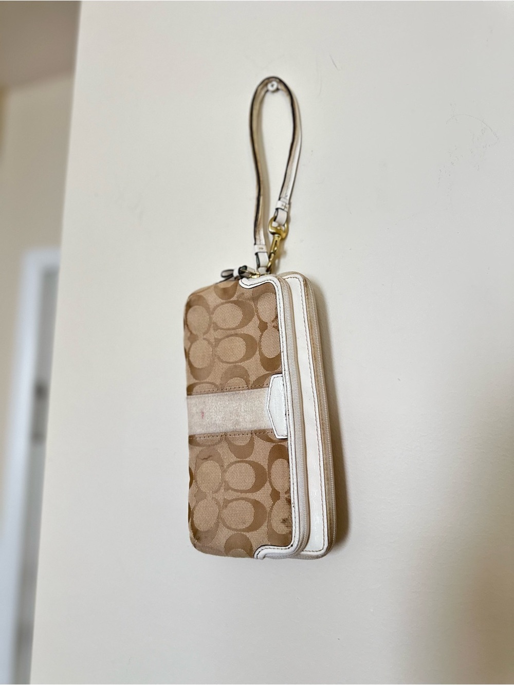Coach Tan and White Signature Canvas Wristlet
